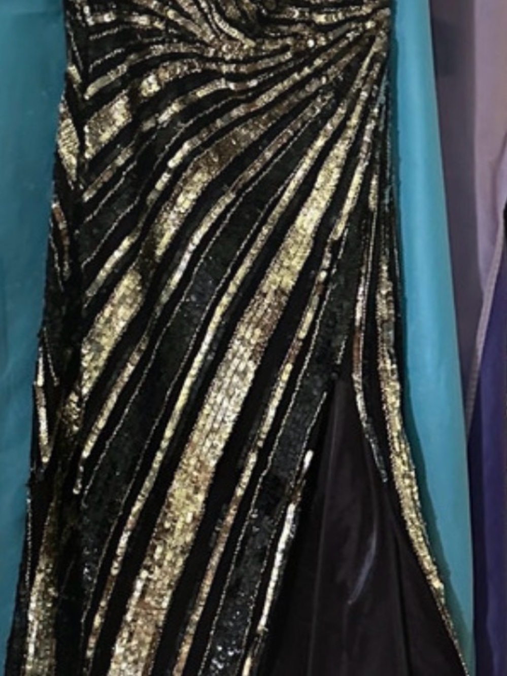 Sherri Hill Black and Gold Striped Sequin Prom Dress